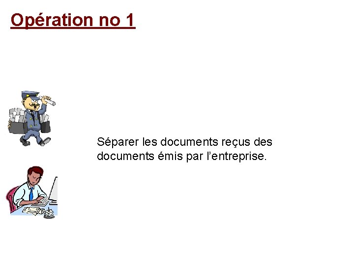 Opération no 1 Séparer les documents reçus des documents émis par l’entreprise. 