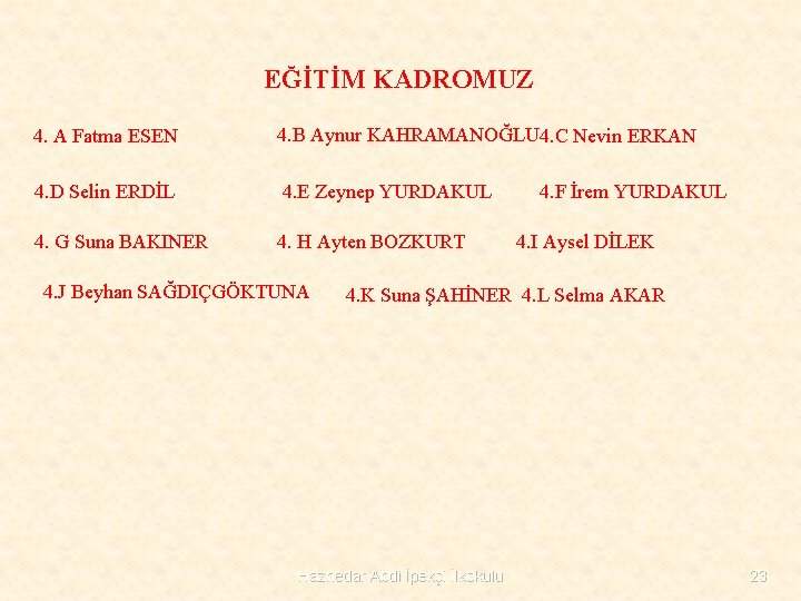 EĞİTİM KADROMUZ 4. A Fatma ESEN 4. B Aynur KAHRAMANOĞLU 4. C Nevin ERKAN