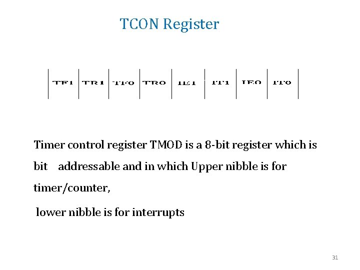 TCON Register Timer control register TMOD is a 8 -bit register which is bit