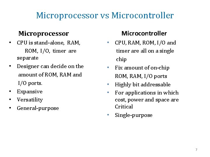 Microprocessor vs Microcontroller Microprocessor • CPU is stand-alone, RAM, ROM, I/O, timer are separate