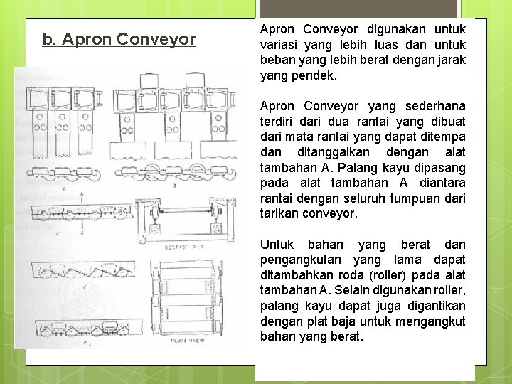b. Apron Conveyor digunakan untuk variasi yang lebih luas dan untuk beban yang lebih
