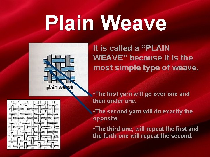 Plain Weave It is called a “PLAIN WEAVE” because it is the most simple