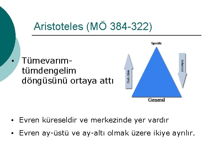 Aristoteles (MÖ 384 -322) • Tümevarımtümdengelim döngüsünü ortaya attı • Evren küreseldir ve merkezinde