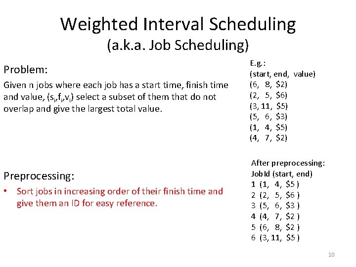 Weighted Interval Scheduling (a. k. a. Job Scheduling) Problem: Given n jobs where each