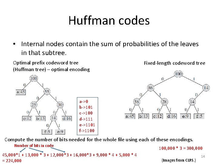Huffman codes • Internal nodes contain the sum of probabilities of the leaves in