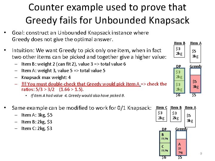 Counter example used to prove that Greedy fails for Unbounded Knapsack • Goal: construct