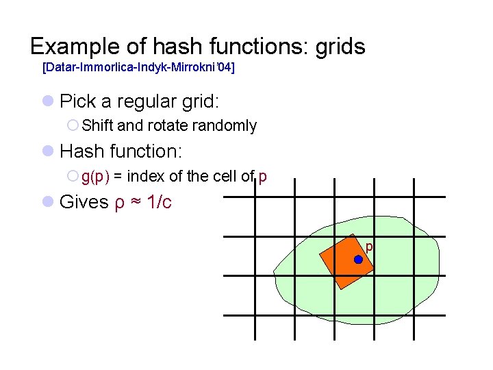 Example of hash functions: grids [Datar-Immorlica-Indyk-Mirrokni’ 04] l Pick a regular grid: ¡ Shift