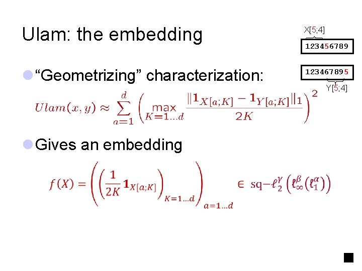 Ulam: the embedding X[5; 4] l “Geometrizing” characterization: 123467895 l Gives an embedding 123456789