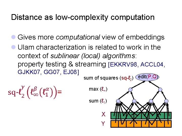 Distance as low-complexity computation l Gives more computational view of embeddings l Ulam characterization
