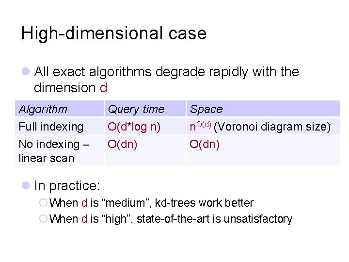 High-dimensional case l All exact algorithms degrade rapidly with the dimension d Algorithm Query