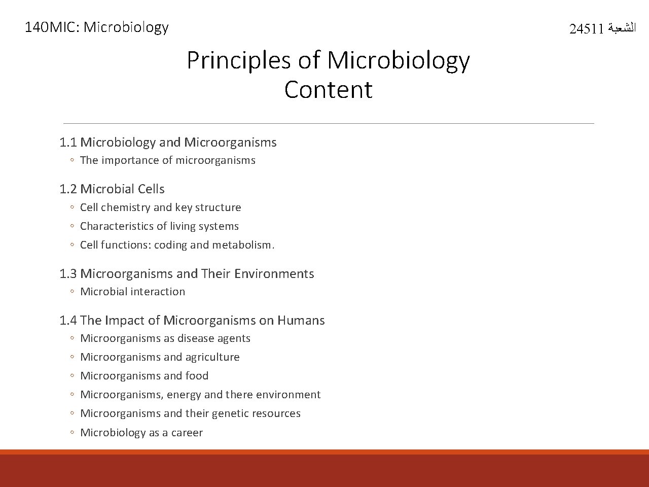 140 MIC: Microbiology 24511 ﺍﻟﺸﻌﺒﺔ Principles of Microbiology Content 1. 1 Microbiology and Microorganisms