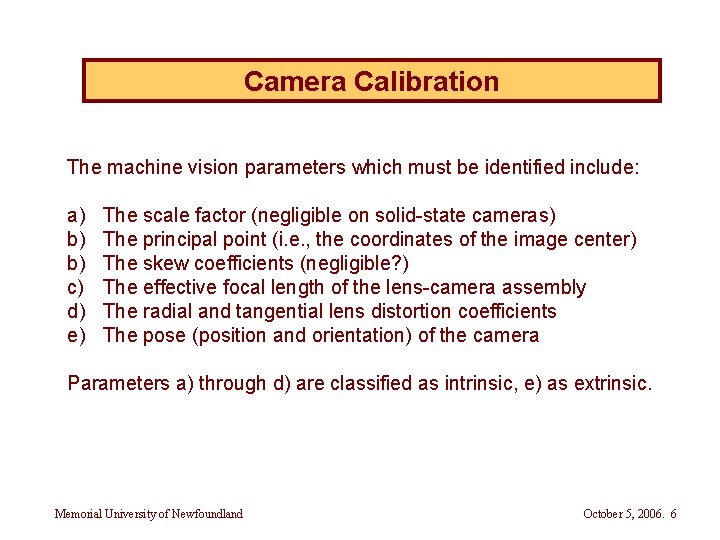 Camera Calibration The machine vision parameters which must be identified include: a) b) b)