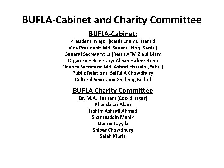 BUFLA-Cabinet and Charity Committee BUFLA-Cabinet: President: Major (Retd) Enamul Hamid Vice President: Md. Sayedul