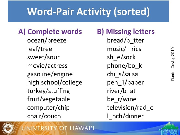 Word-Pair Activity (sorted) ocean/breeze leaf/tree sweet/sour movie/actress gasoline/engine high school/college turkey/stuffing fruit/vegetable computer/chip chair/couch