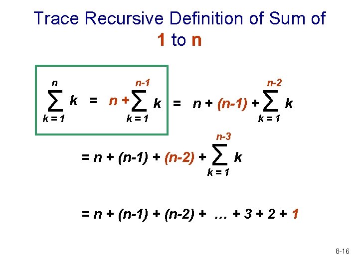 Trace Recursive Definition of Sum of 1 to n n Σk k=1 n-1 =
