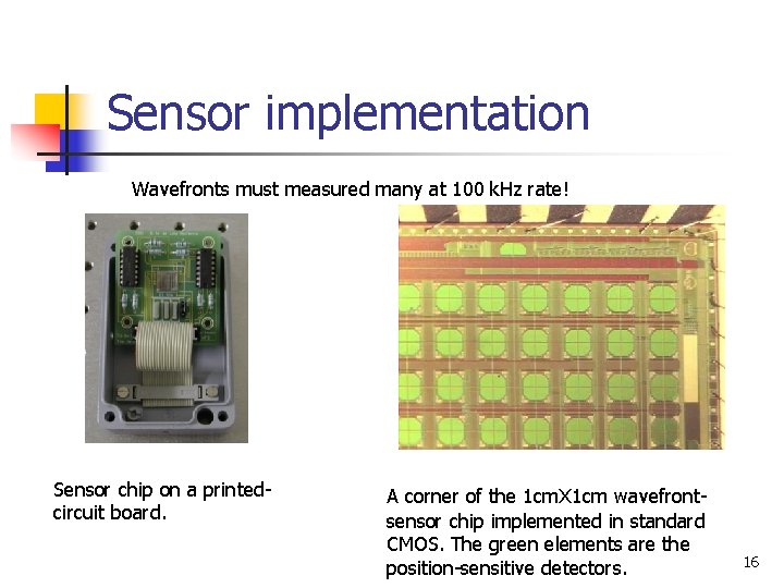 Sensor implementation Wavefronts must measured many at 100 k. Hz rate! Sensor chip on