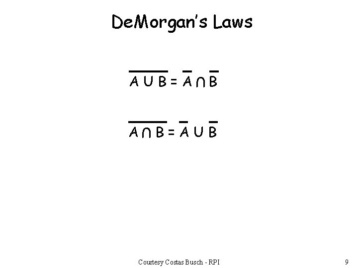 De. Morgan’s Laws U AUB=A B B=AUB Courtesy Costas Busch - RPI 9 