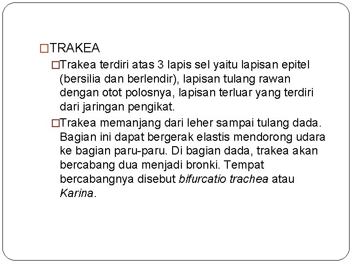 �TRAKEA �Trakea terdiri atas 3 lapis sel yaitu lapisan epitel (bersilia dan berlendir), lapisan