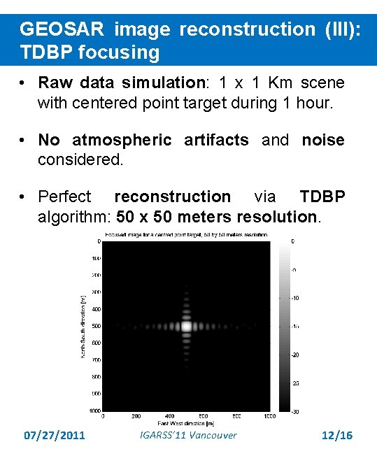GEOSAR image reconstruction (III): TDBP focusing • Raw data simulation: 1 x 1 Km