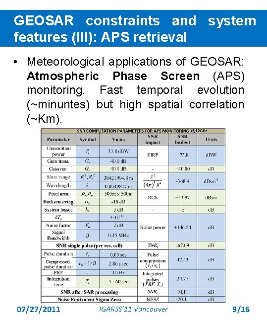 GEOSAR constraints and system features (III): APS retrieval • Meteorological applications of GEOSAR: Atmospheric