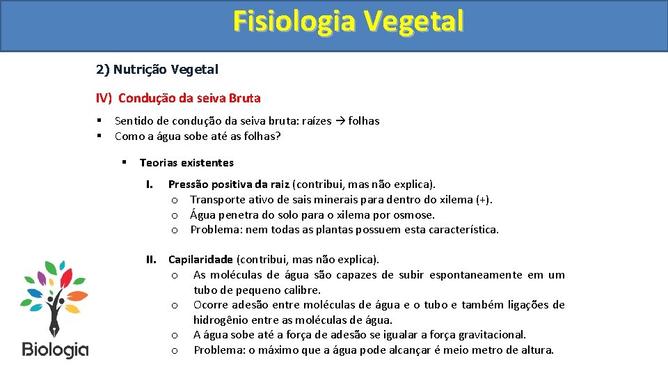 Fisiologia. Vegetal Fisiologia 2) Nutrição Vegetal IV) Condução da seiva Bruta § § Sentido
