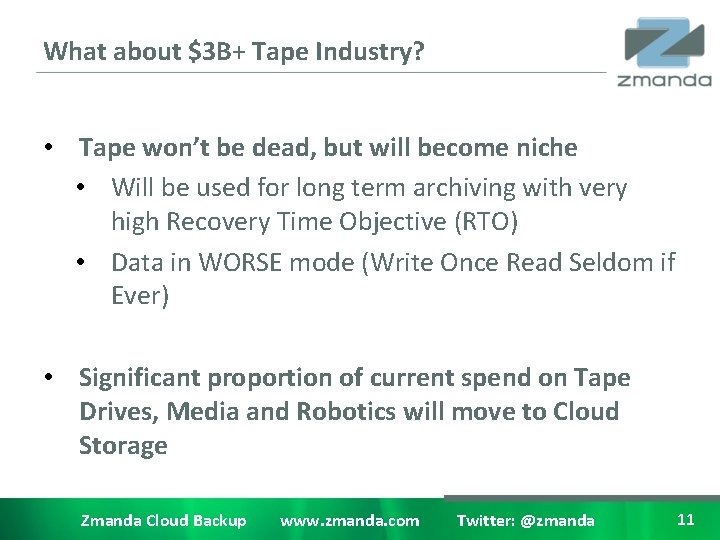 What about $3 B+ Tape Industry? • Tape won’t be dead, but will become