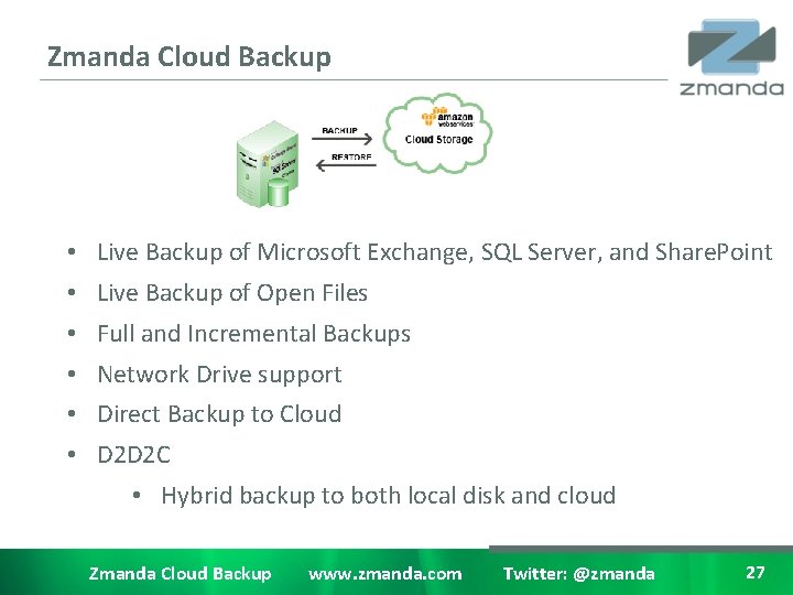 Zmanda Cloud Backup • Live Backup of Microsoft Exchange, SQL Server, and Share. Point