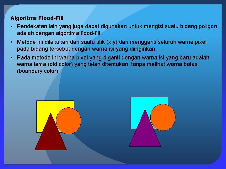 Algoritma Flood-Fill • Pendekatan lain yang juga dapat digunakan untuk mengisi suatu bidang poligon