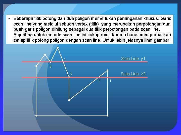  • Beberapa titik potong dari dua poligon memerlukan penanganan khusus. Garis scan line