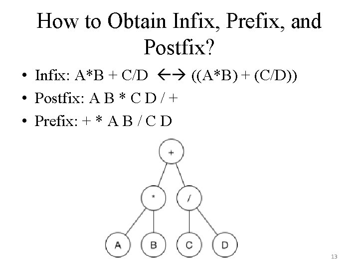 How to Obtain Infix, Prefix, and Postfix? • Infix: A*B + C/D ((A*B) +