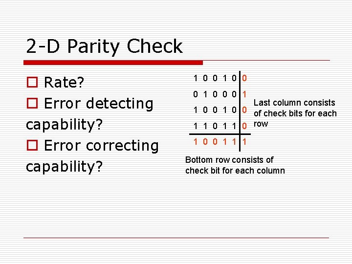 2 -D Parity Check o Rate? o Error detecting capability? o Error correcting capability? 2 -D Parity Check o Rate? o Error detecting capability? o Error correcting capability?