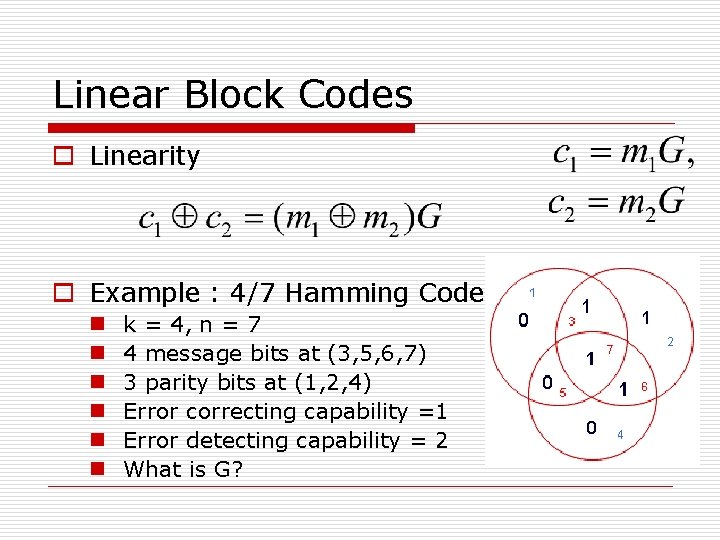 Linear Block Codes o Linearity o Example : 4/7 Hamming Code n n n Linear Block Codes o Linearity o Example : 4/7 Hamming Code n n n