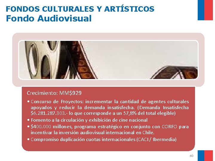 FONDOS CULTURALES Y ARTÍSTICOS Fondo Audiovisual Crecimiento: MM$929 • Concurso de Proyectos: incrementar la