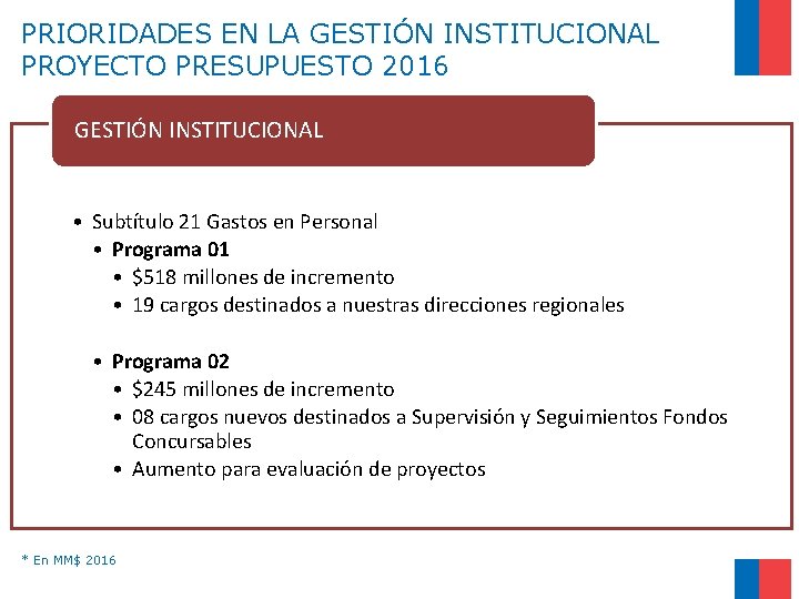 PRIORIDADES EN LA GESTIÓN INSTITUCIONAL PROYECTO PRESUPUESTO 2016 GESTIÓN INSTITUCIONAL • Subtítulo 21 Gastos