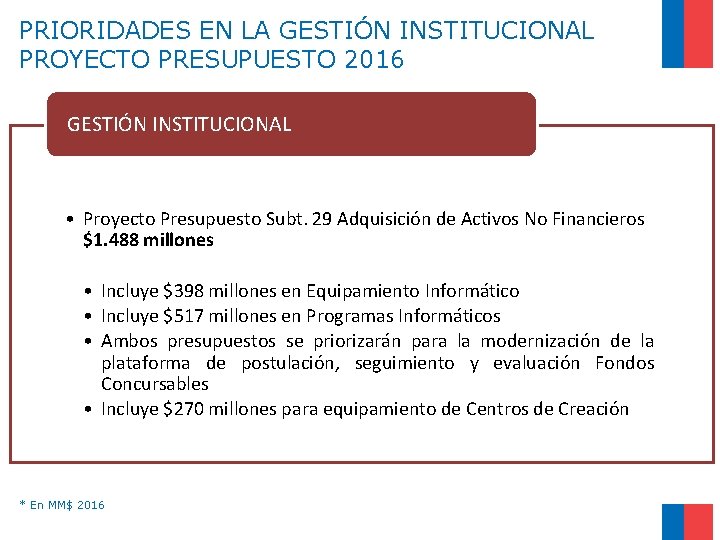 PRIORIDADES EN LA GESTIÓN INSTITUCIONAL PROYECTO PRESUPUESTO 2016 GESTIÓN INSTITUCIONAL • Proyecto Presupuesto Subt.