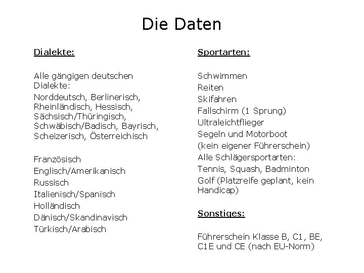 Die Daten Dialekte: Sportarten: Alle gängigen deutschen Dialekte: Norddeutsch, Berlinerisch, Rheinländisch, Hessisch, Sächsisch/Thüringisch, Schwäbisch/Badisch,
