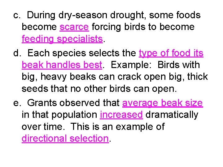 c. During dry-season drought, some foods become scarce forcing birds to become feeding specialists.