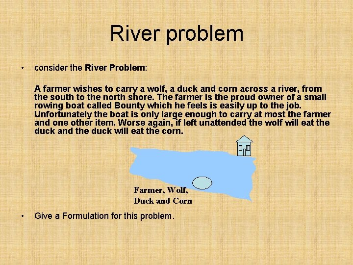 River problem • consider the River Problem: A farmer wishes to carry a wolf,