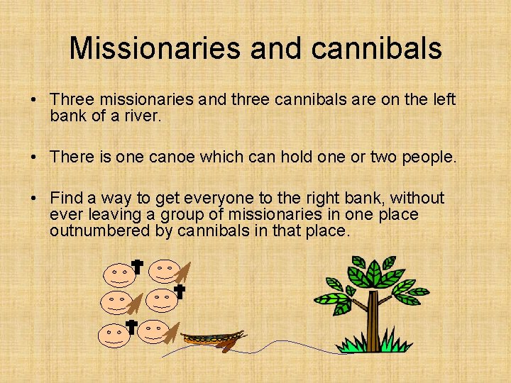 Missionaries and cannibals • Three missionaries and three cannibals are on the left bank Missionaries and cannibals • Three missionaries and three cannibals are on the left bank