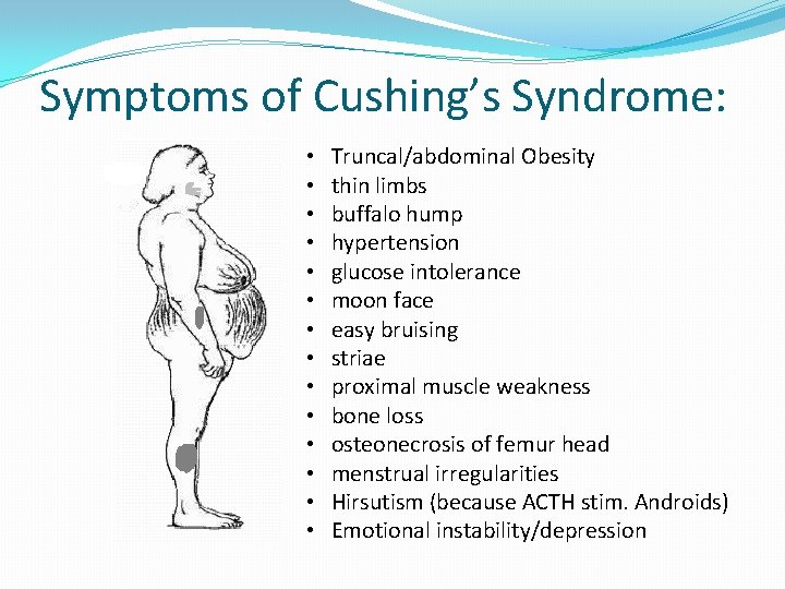 Symptoms of Cushing’s Syndrome: • • • • Truncal/abdominal Obesity thin limbs buffalo hump