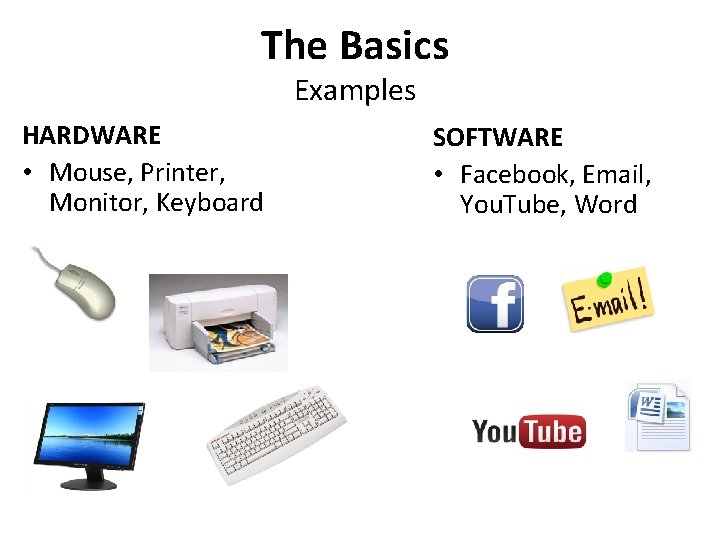 The Basics Examples HARDWARE • Mouse, Printer, Monitor, Keyboard SOFTWARE • Facebook, Email, You.