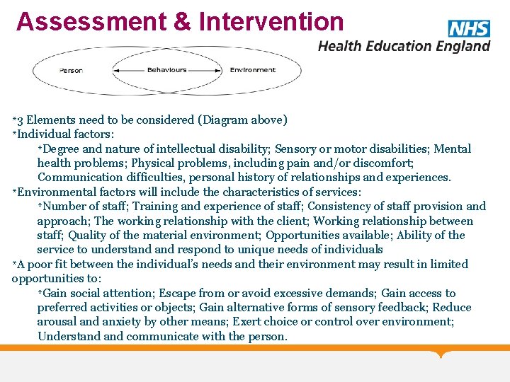 Assessment & Intervention *3 Elements need to be considered (Diagram above) *Individual factors: *Degree