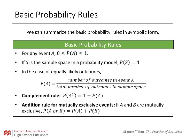 Basic Probability Rules We can summarize the basic probability rules in symbolic form. Basic