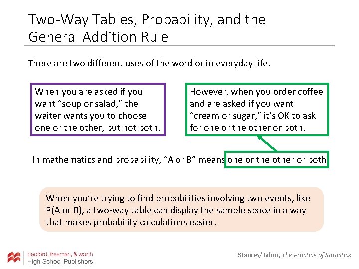 Two-Way Tables, Probability, and the General Addition Rule There are two different uses of