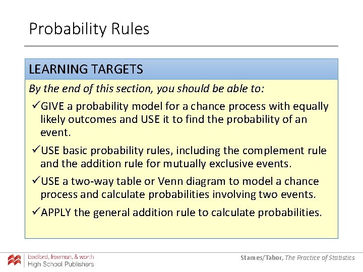 Probability Rules LEARNING TARGETS By the end of this section, you should be able