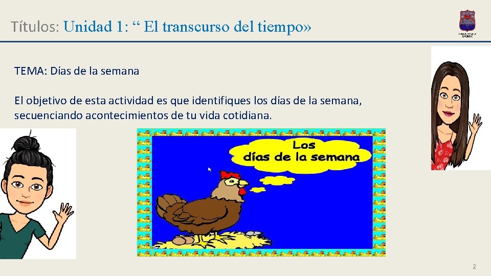 Títulos: Unidad 1: “ El transcurso del tiempo» TEMA: Días de la semana El