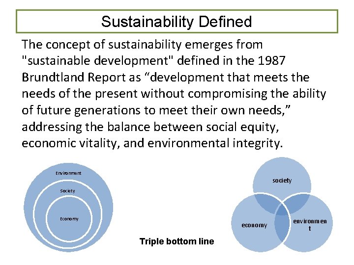 Sustainability Defined The concept of sustainability emerges from "sustainable development" defined in the 1987 Sustainability Defined The concept of sustainability emerges from "sustainable development" defined in the 1987