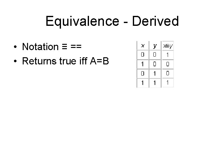 Equivalence - Derived • Notation ≡ == • Returns true iff A=B Equivalence - Derived • Notation ≡ == • Returns true iff A=B