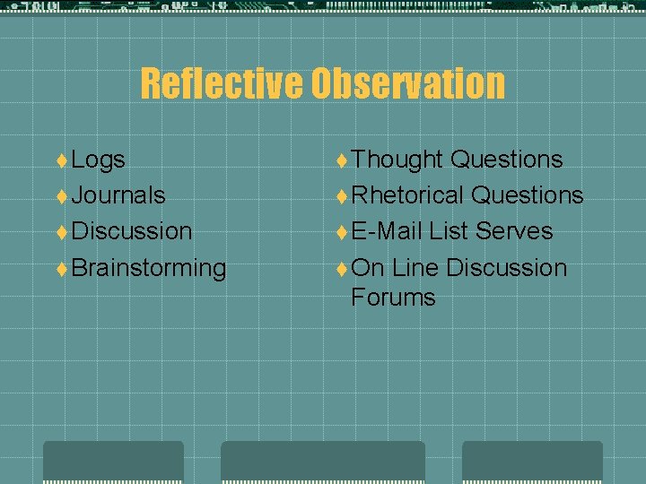 Reflective Observation t Logs t Journals t Discussion t Brainstorming t Thought Questions t