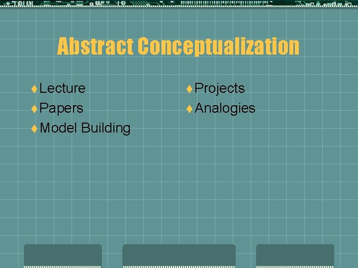 Abstract Conceptualization t Lecture t Projects t Papers t Analogies t Model Building 